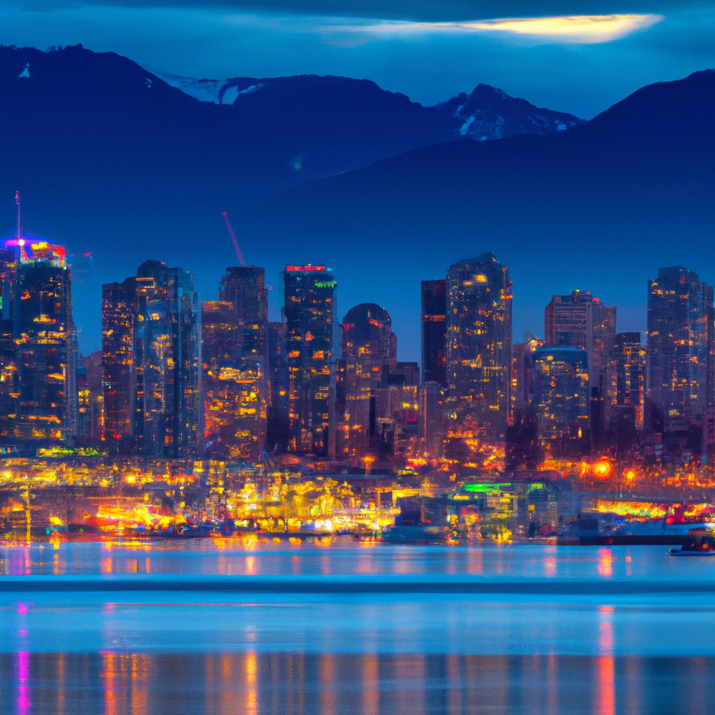 Vancouver harbour skyline with mountains at blue hour