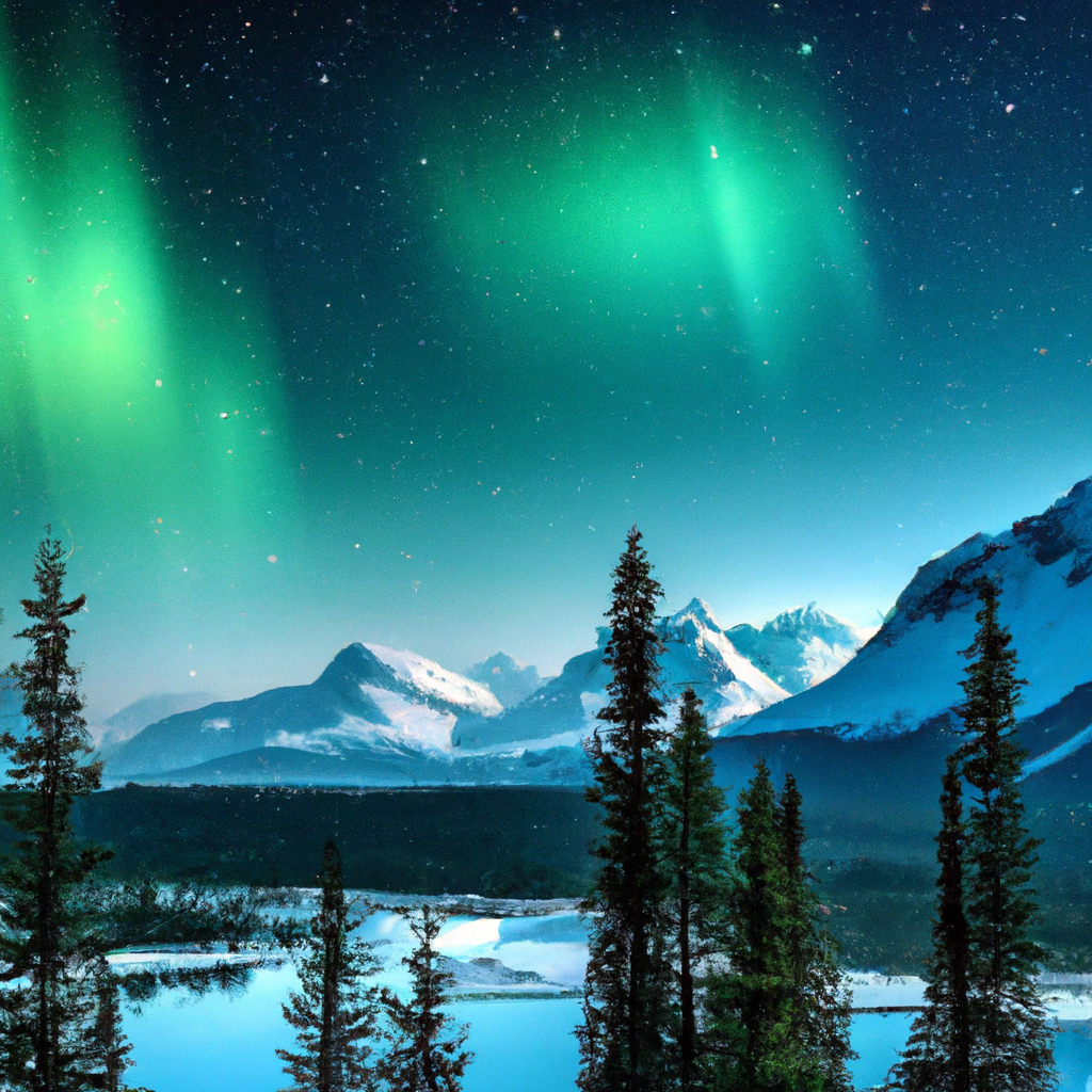 Northern lights over the Canadian Rockies with a starry sky and pine forest